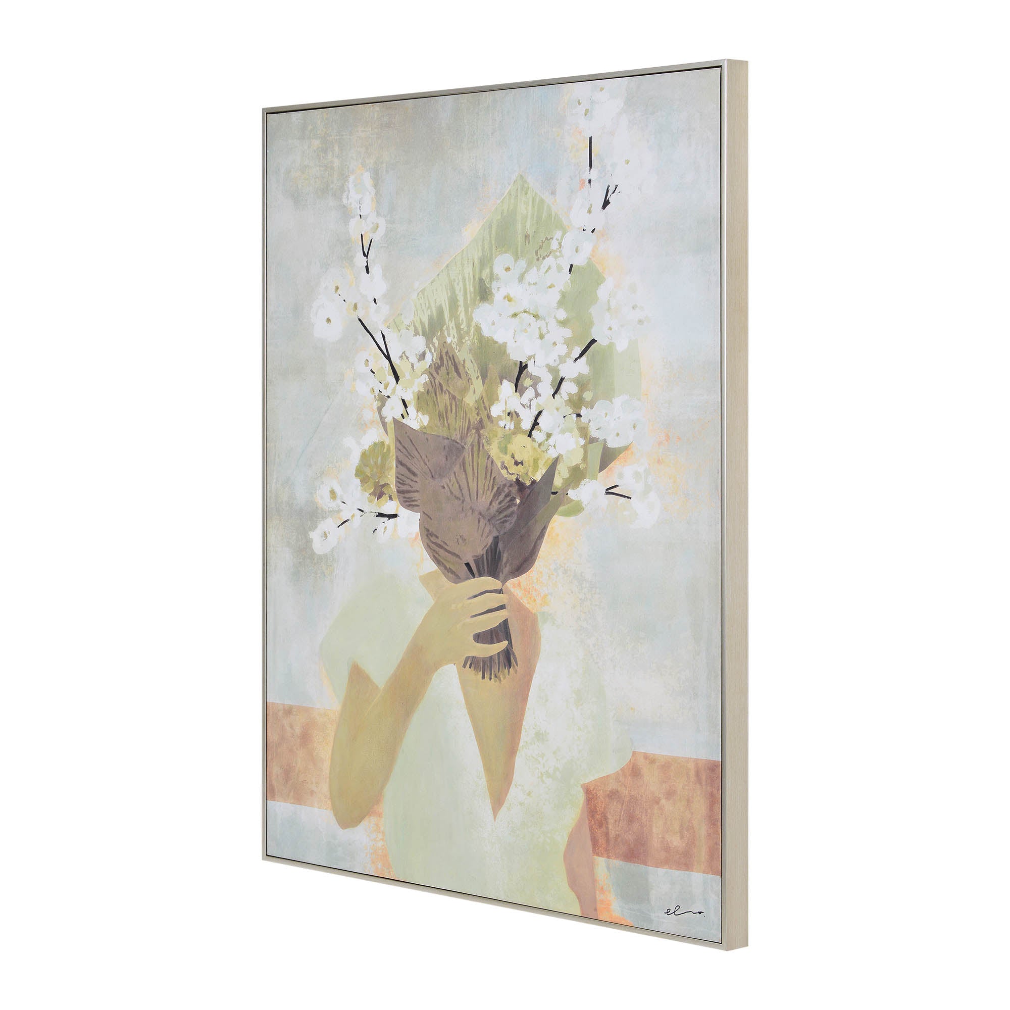 Casoria Canvas Art side view showing a figure with a bouquet of flowers in muted tones