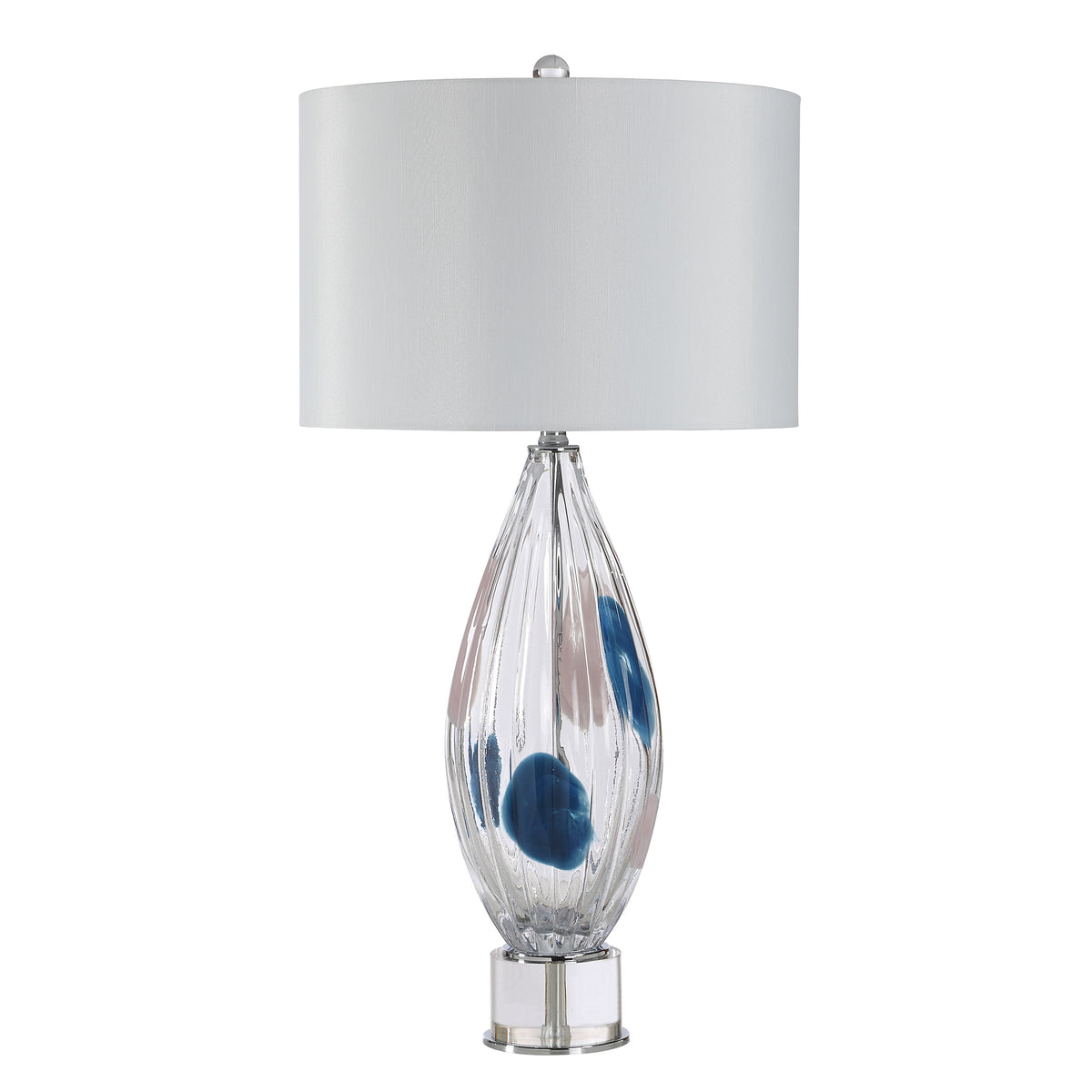 Luxor Table Lamp with a clear glass base featuring blue and pink accents and a white shade