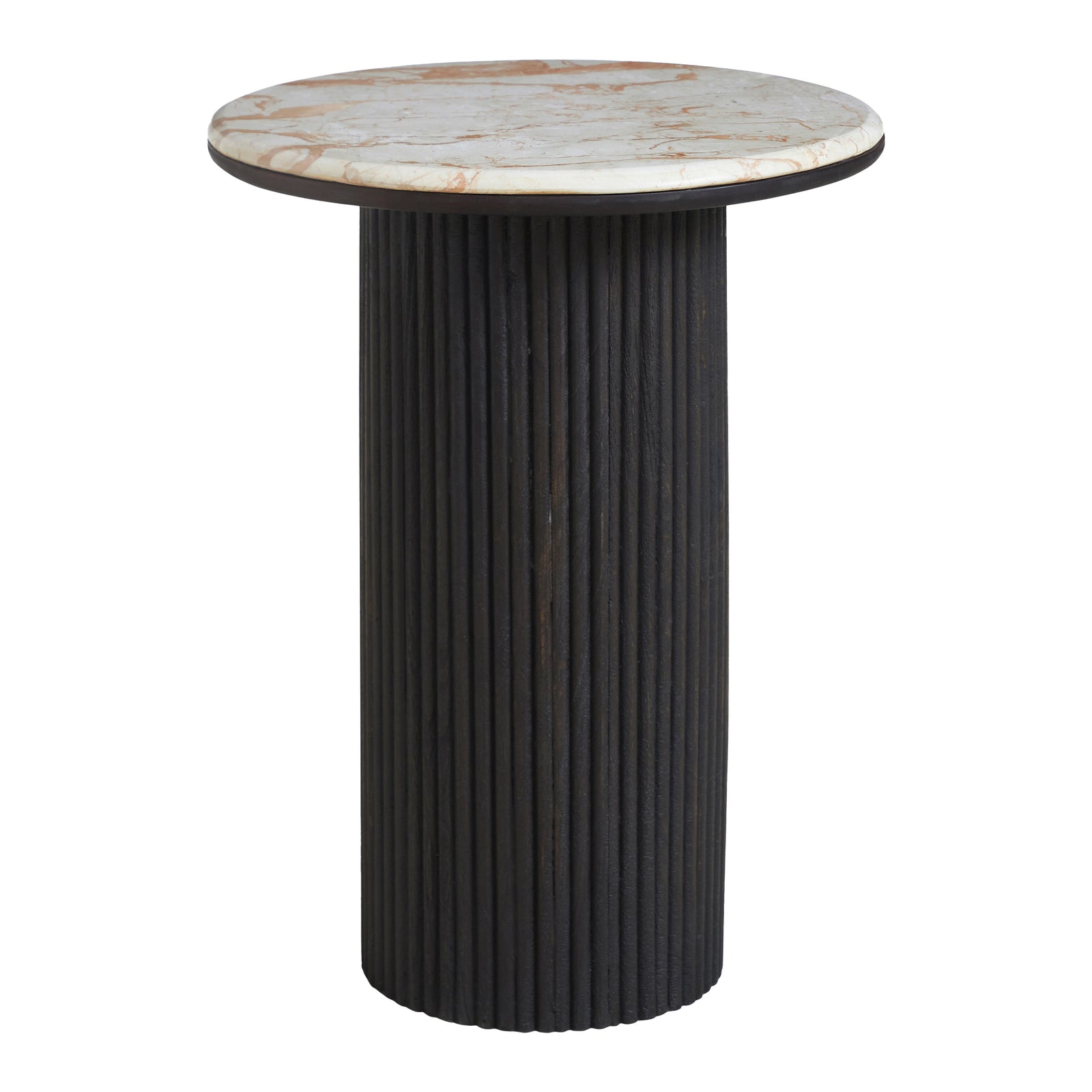 Alessio accent table with a round marble top and ribbed black base.