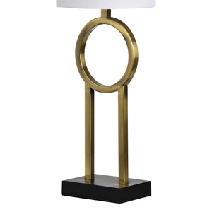 Alloro Table Lamp showcasing a brass circle and black base with a white shade