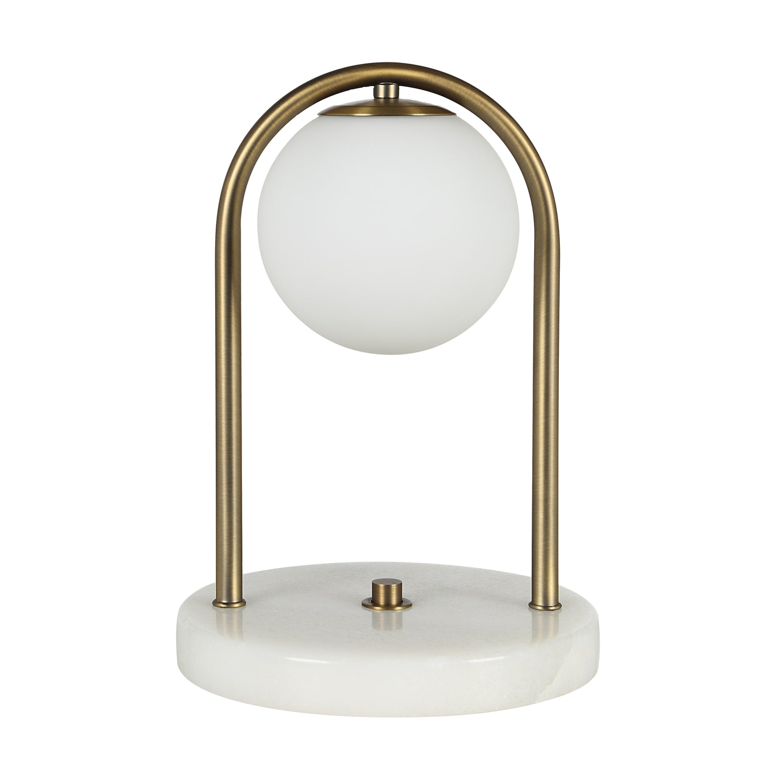 Barca table lamp with a frosted globe and brass arch, set on a white marble base.