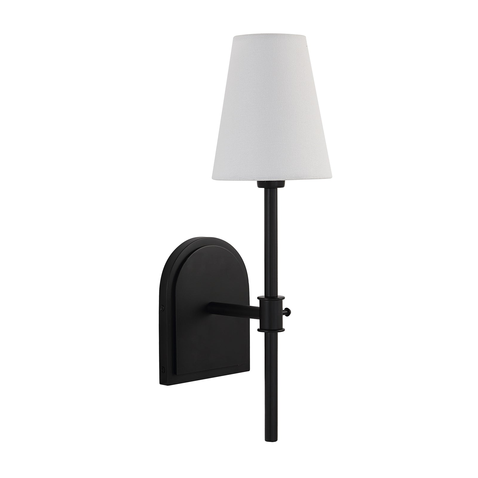 Mililani wall sconce featuring a white fabric shade and black metal base, front view.