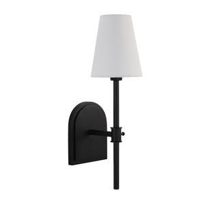 Mililani wall sconce with a white shade and black metal arm, side angle view.