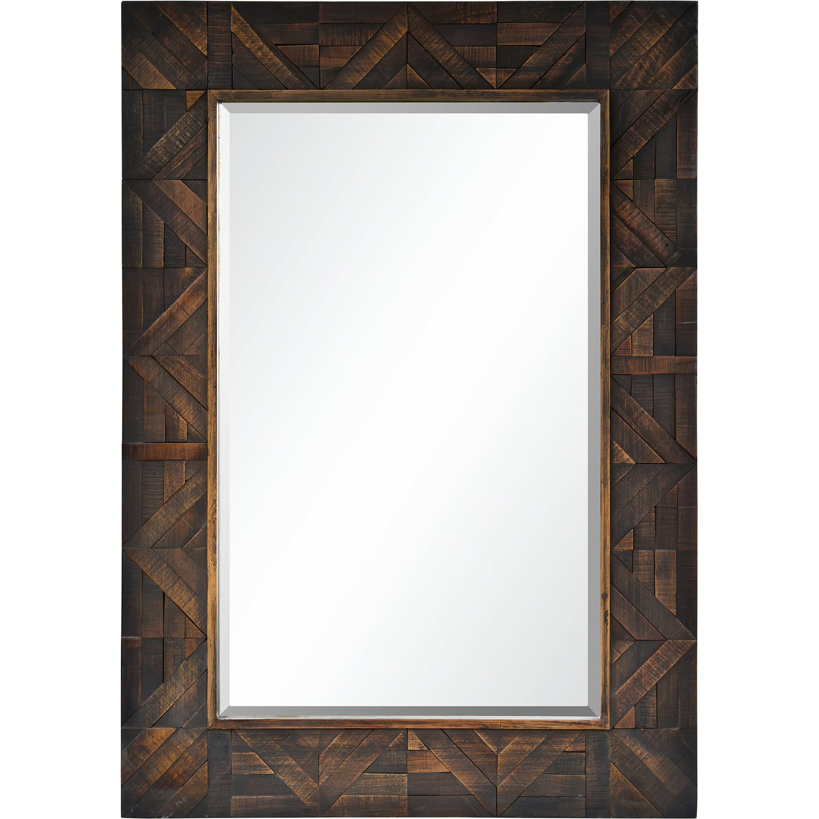Madden Wall Mirror with a dark wood geometric patterned frame and a rectangular reflective surface.
