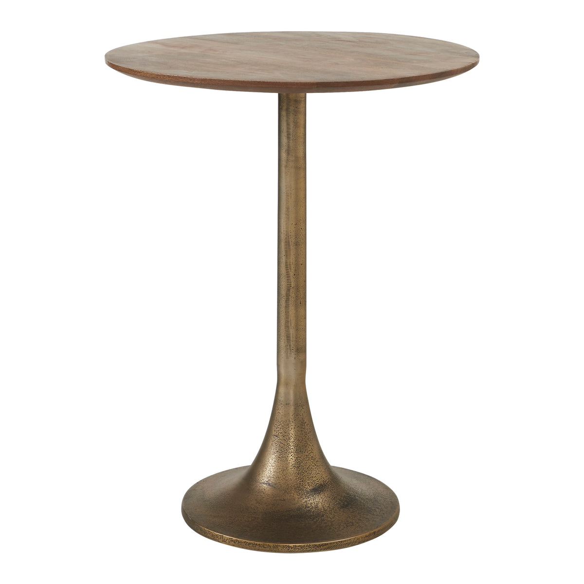 Sparta Accent Table with a round wood top and a gold metal base, viewed from the side.
