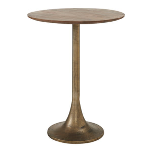 Sparta Accent Table with a round wood top and a gold metal base, viewed from the side.