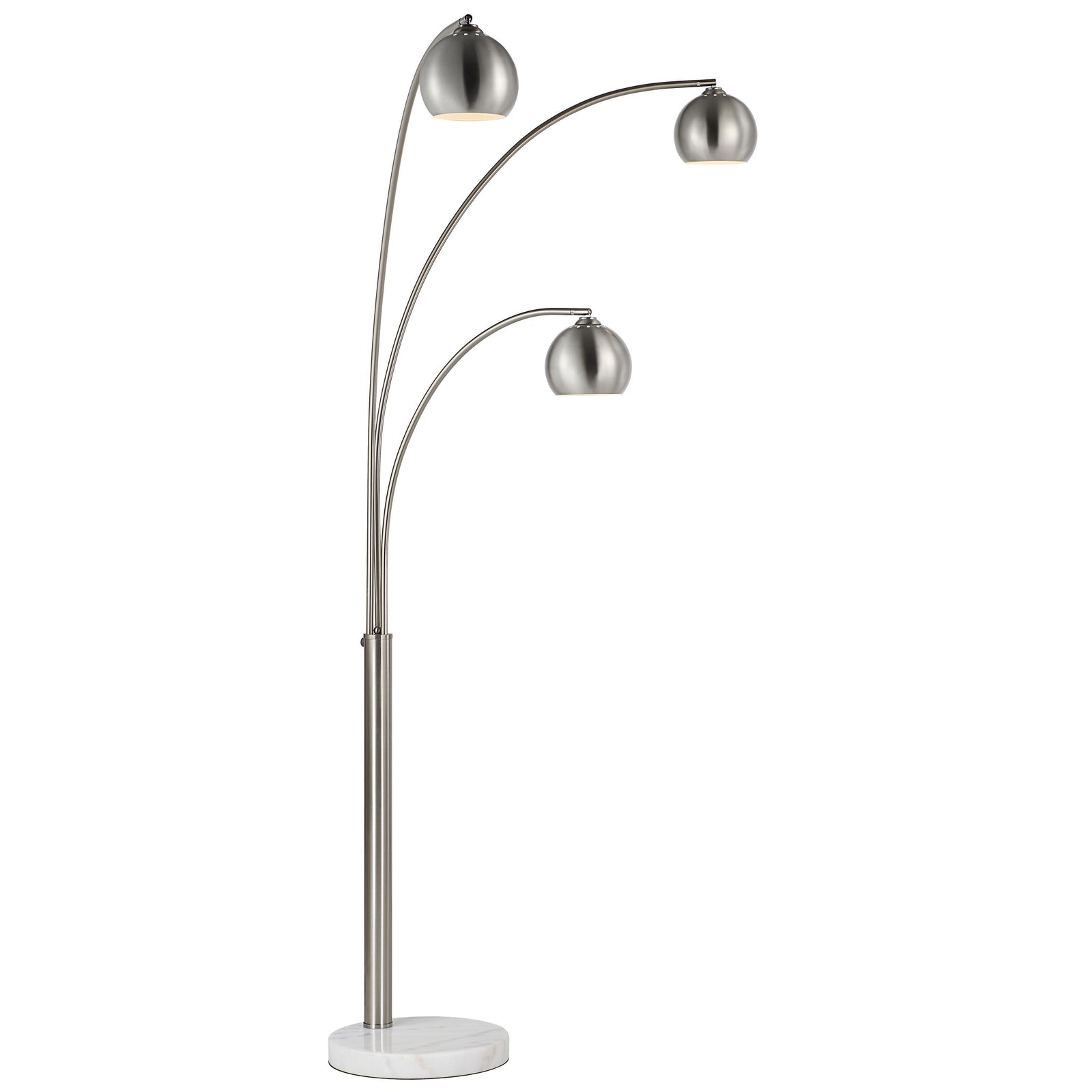 Aguillard floor lamp with three curved arms and metallic shades, featuring a marble base.