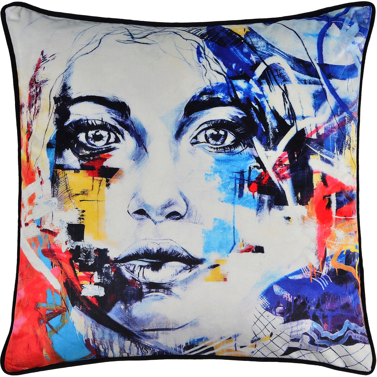 Tori Indoor Pillow featuring a colorful abstract face design with blue, red, and yellow accents.