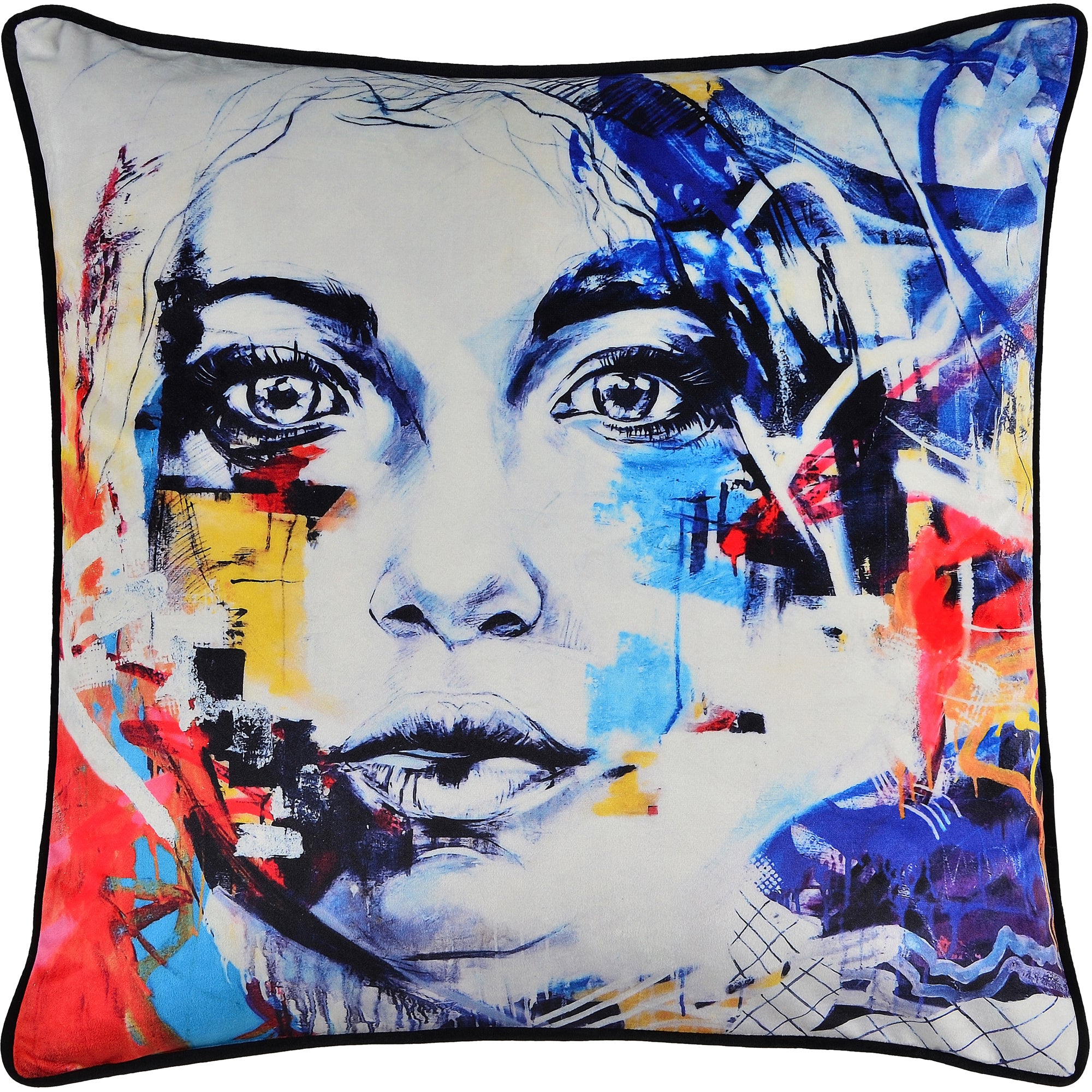 Tori Indoor Pillow featuring a colorful abstract face design with blue, red, and yellow accents.