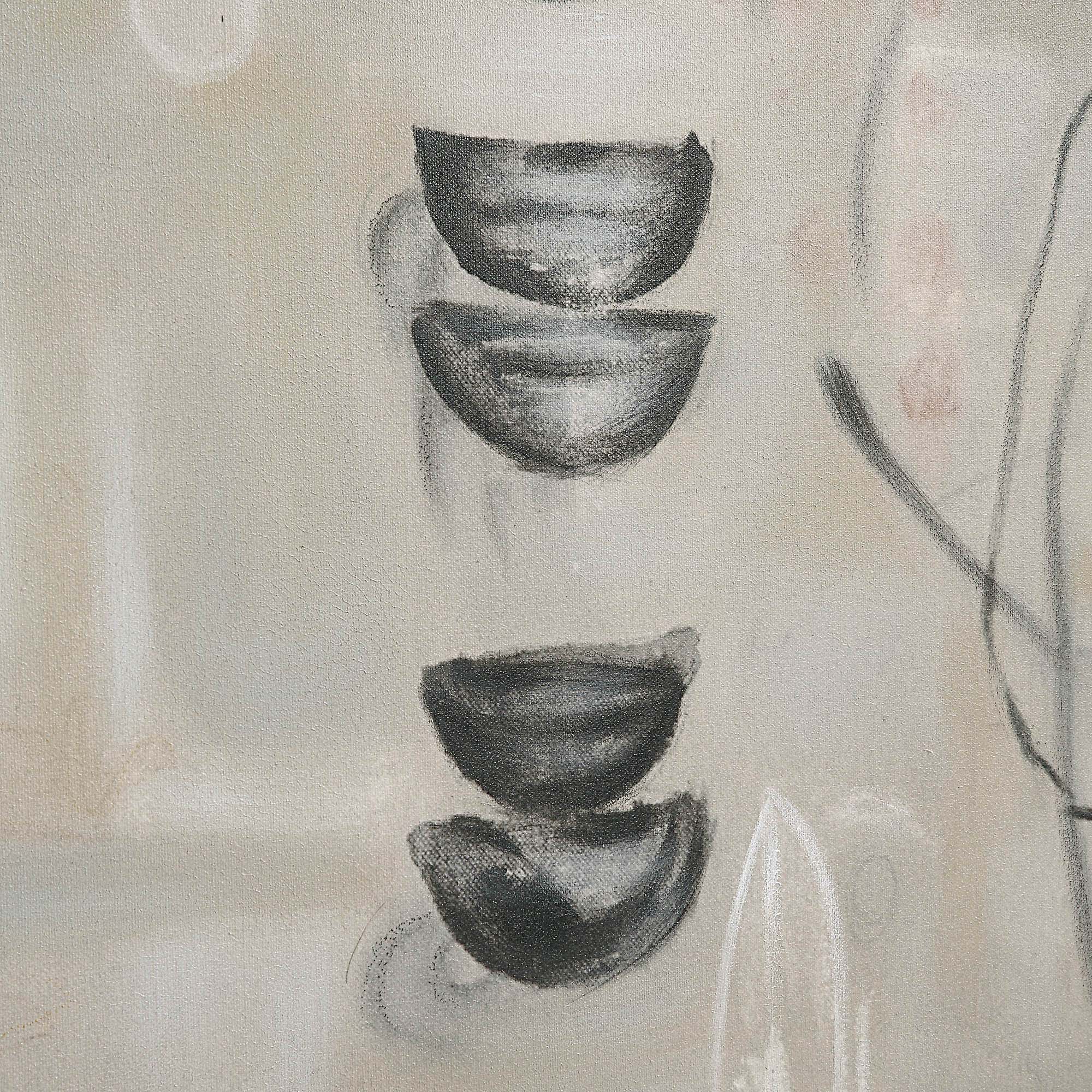 Kore Canvas Art featuring abstract black bowl shapes on a light beige background with soft brush strokes