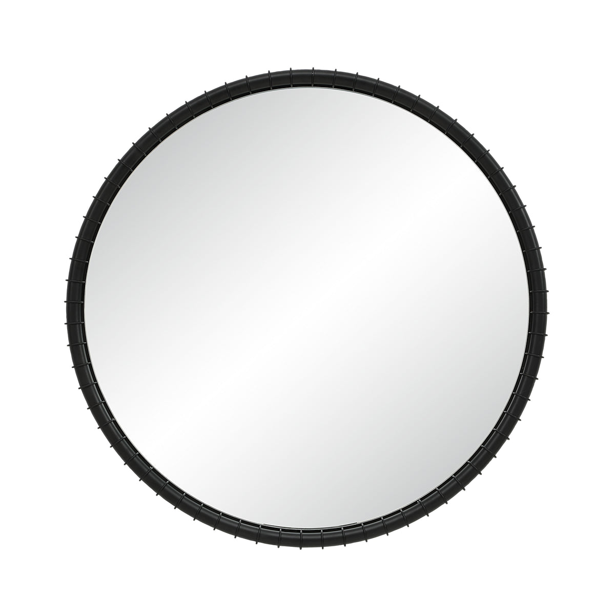 Timo mirror by Renwil, round shape with a black textured frame, reflecting light.