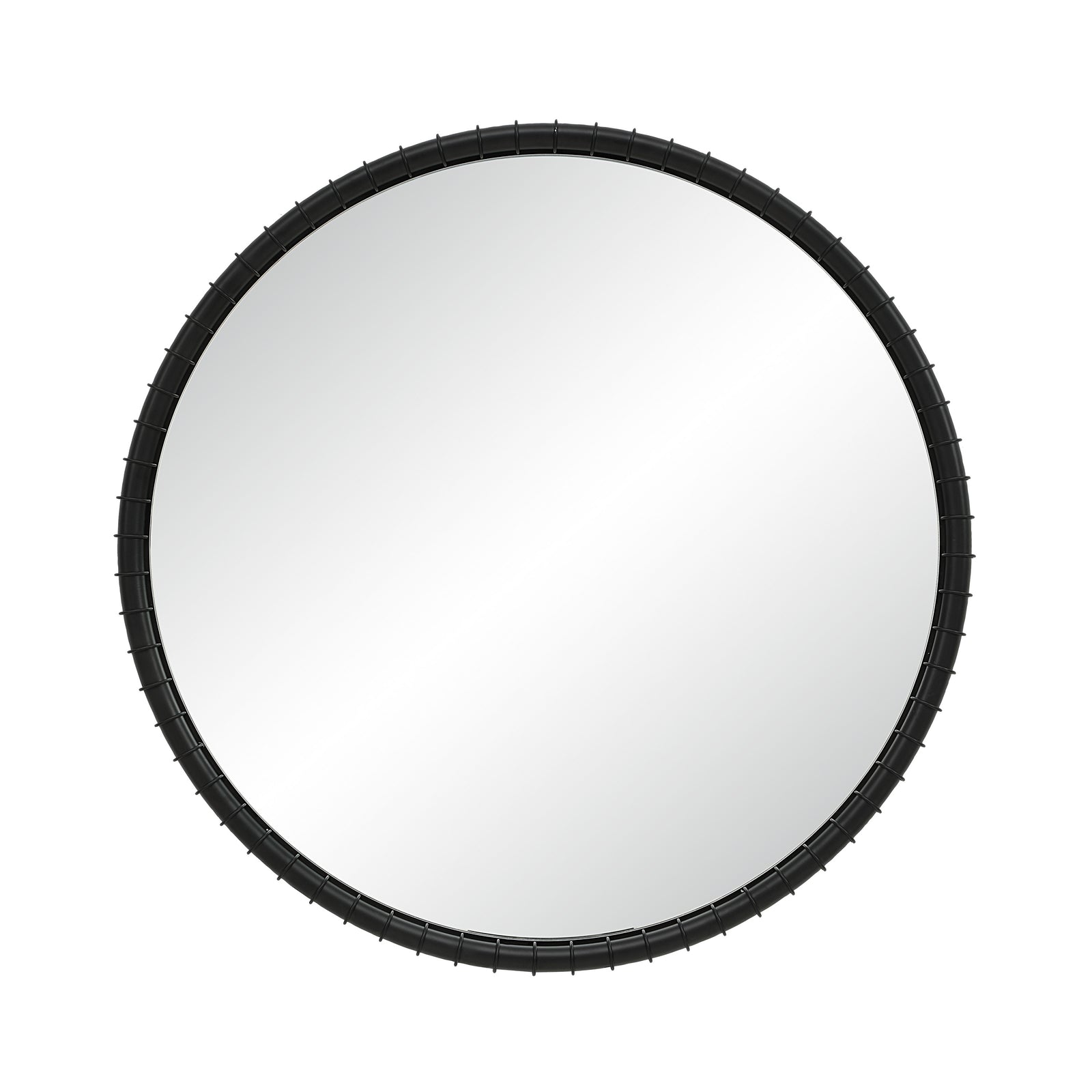Timo mirror by Renwil, round shape with a black textured frame, reflecting light.