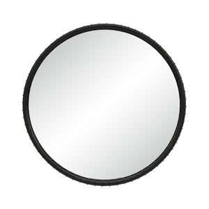 Timo mirror by Renwil, round shape with a black textured frame, reflecting light.