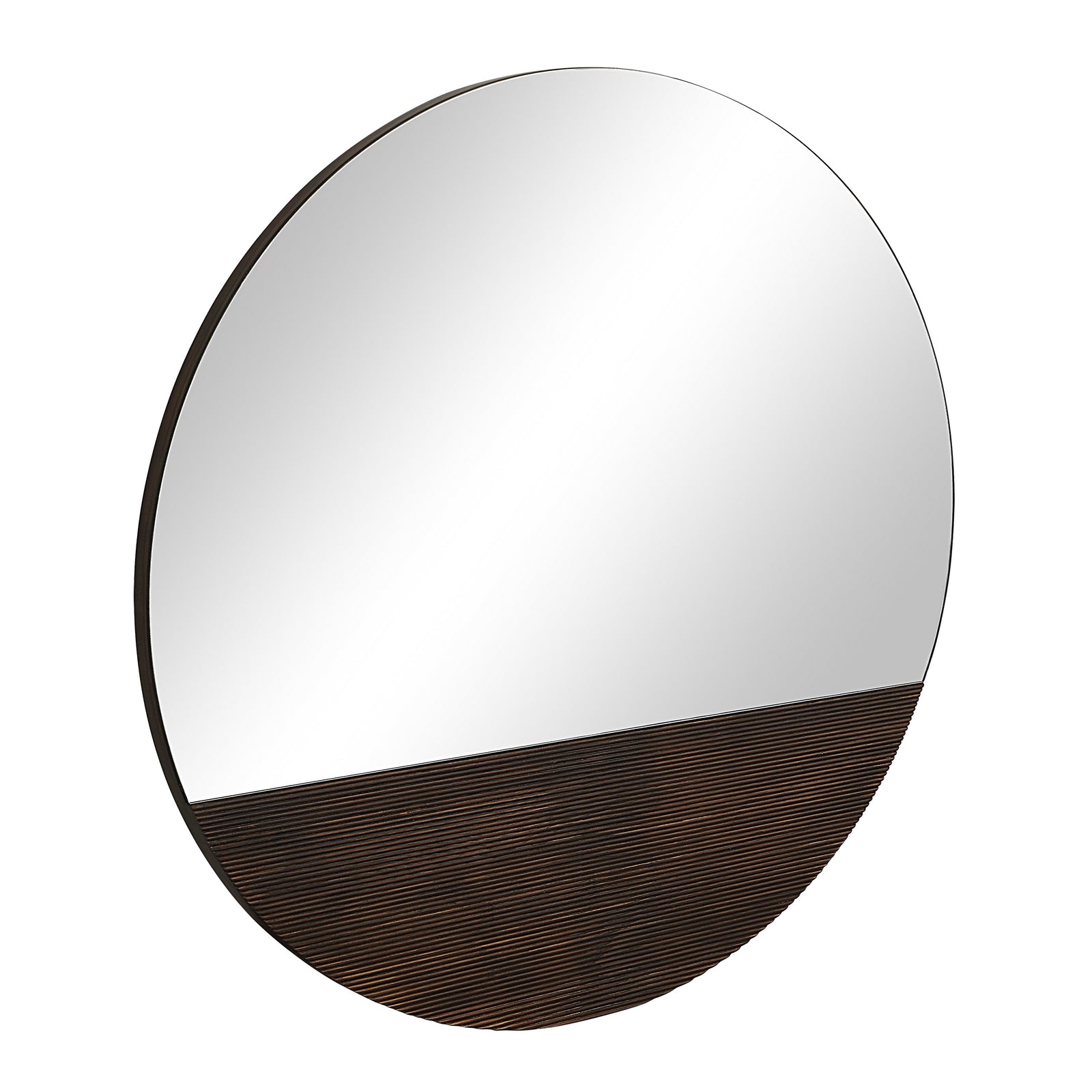 Ronda mirror featuring a round shape with a wooden accent on one side.