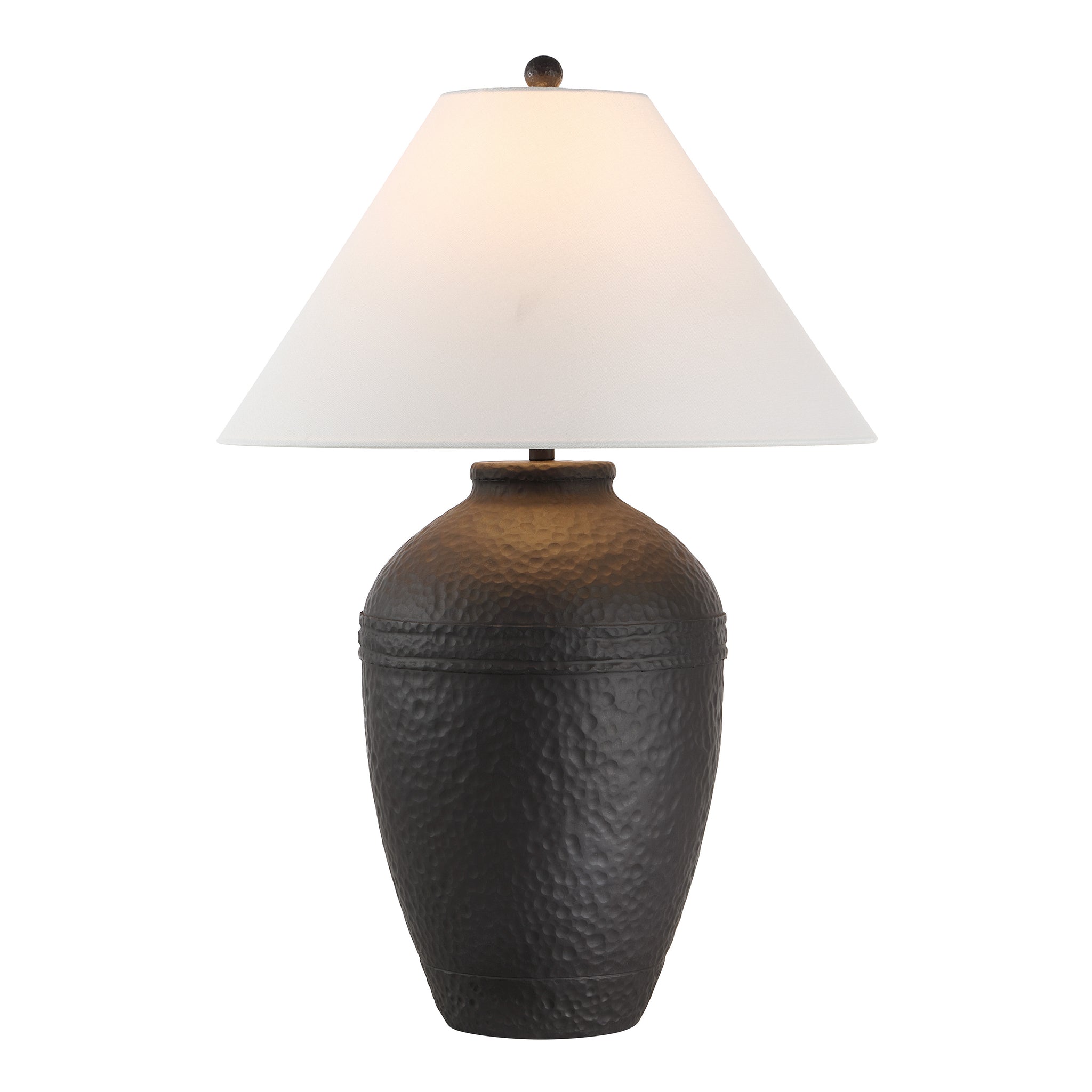 Cupper table lamp by Renwil featuring a dark base with warm light and white shade.