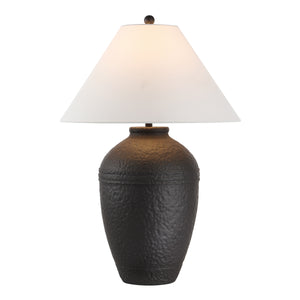Cupper table lamp by Renwil featuring a dark base with warm light and white shade.