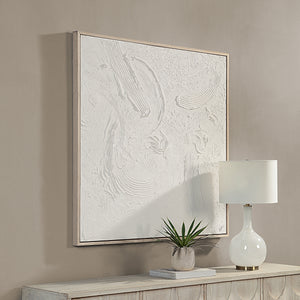 Luz canvas art by Renwil displayed on a wall above a table with a lamp and plant.