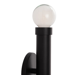 Alika Wall Sconce by Renwil, close-up of black metal body and round glass bulb