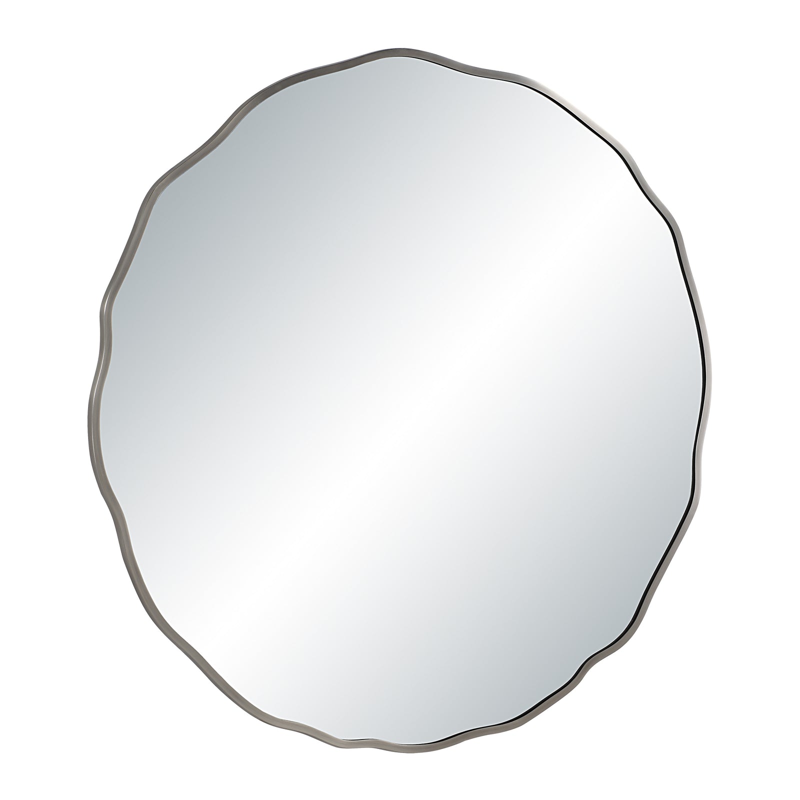 Knox mirror with a scalloped silver frame and reflective surface, viewed straight on.