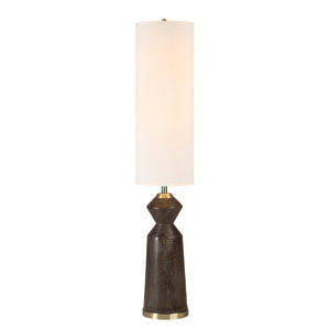 Pixel floor lamp illuminated with a white shade and dark wood base