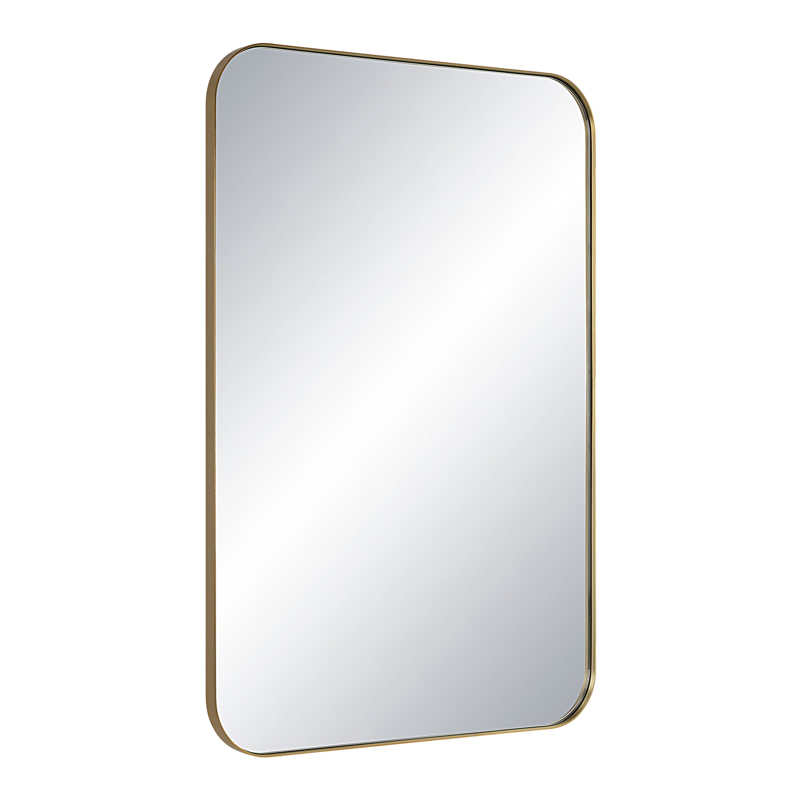 Vesey Wall Mirror with rounded corners and a gold frame, reflecting light.