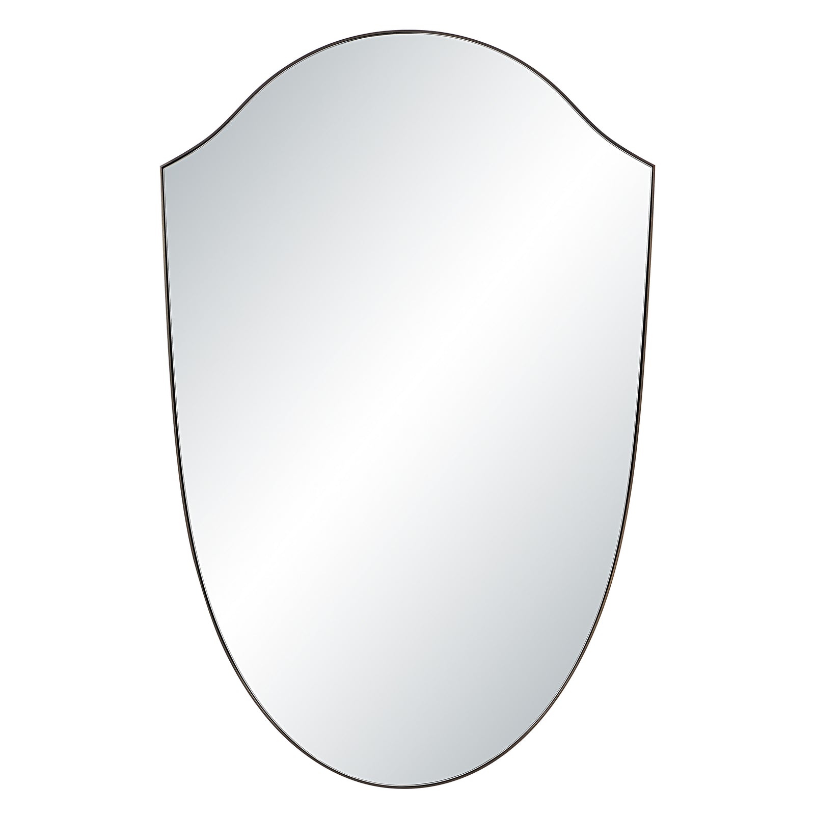 Reims mirror by Renwil, shield-shaped, reflective surface with smooth edges.