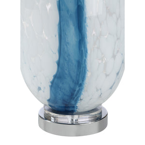 Close-up of Solis Table Lamp's blue and white glass base with chrome detailing.