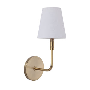 Milia Wall Sconce featuring a gold finish and white shade, with a curved arm design.