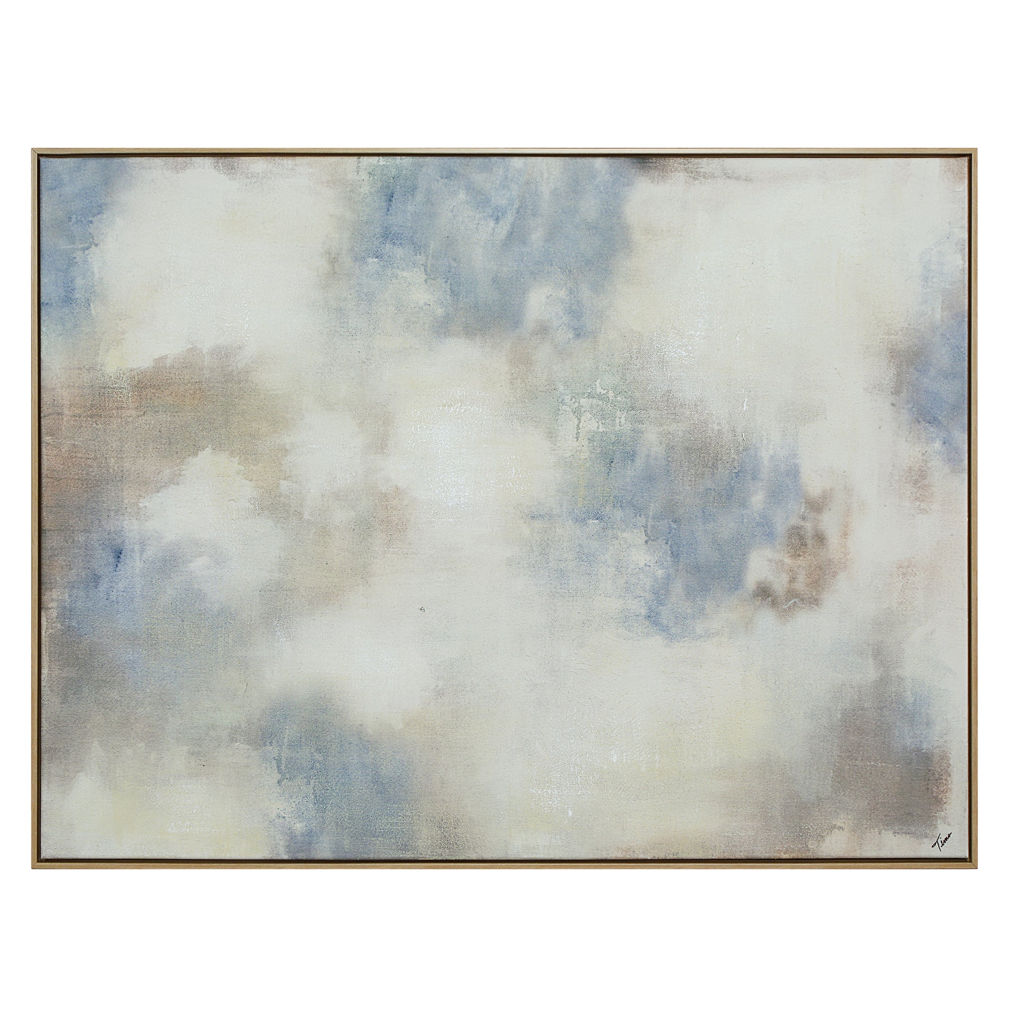 Bellis canvas art featuring soft blue and beige abstract patterns with a gold frame.