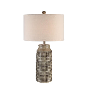Tarragona Table Lamp featuring a gray ceramic base and a light beige shade.