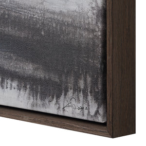 Sweeney canvas art featuring abstract black and gray patterns with a wooden frame, showcasing textured detail.