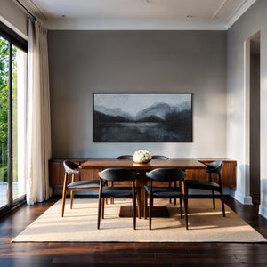 Atlanta canvas art displayed in a modern dining room with wooden furniture.