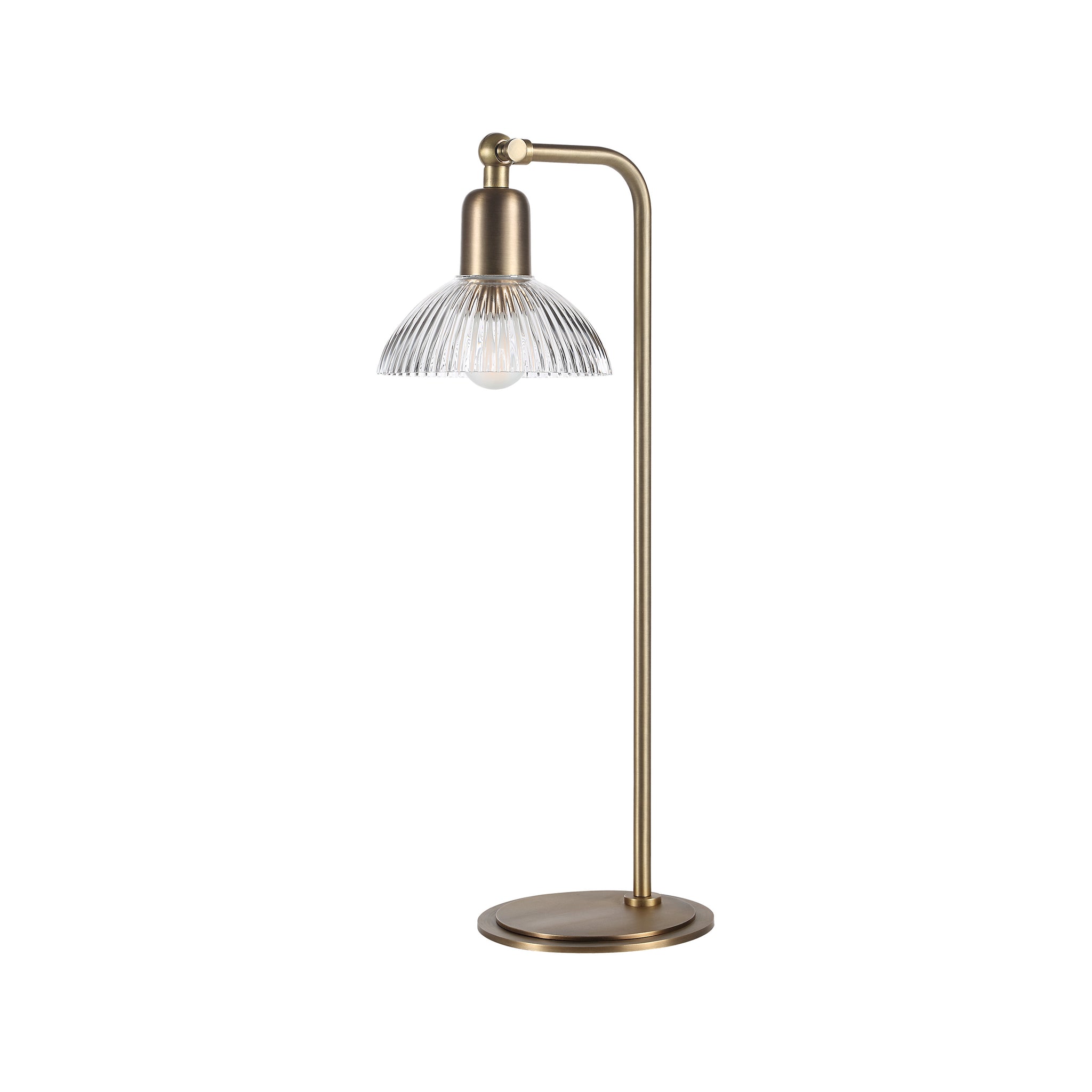 Samos table lamp featuring a brass base and a ribbed glass shade, angled view.