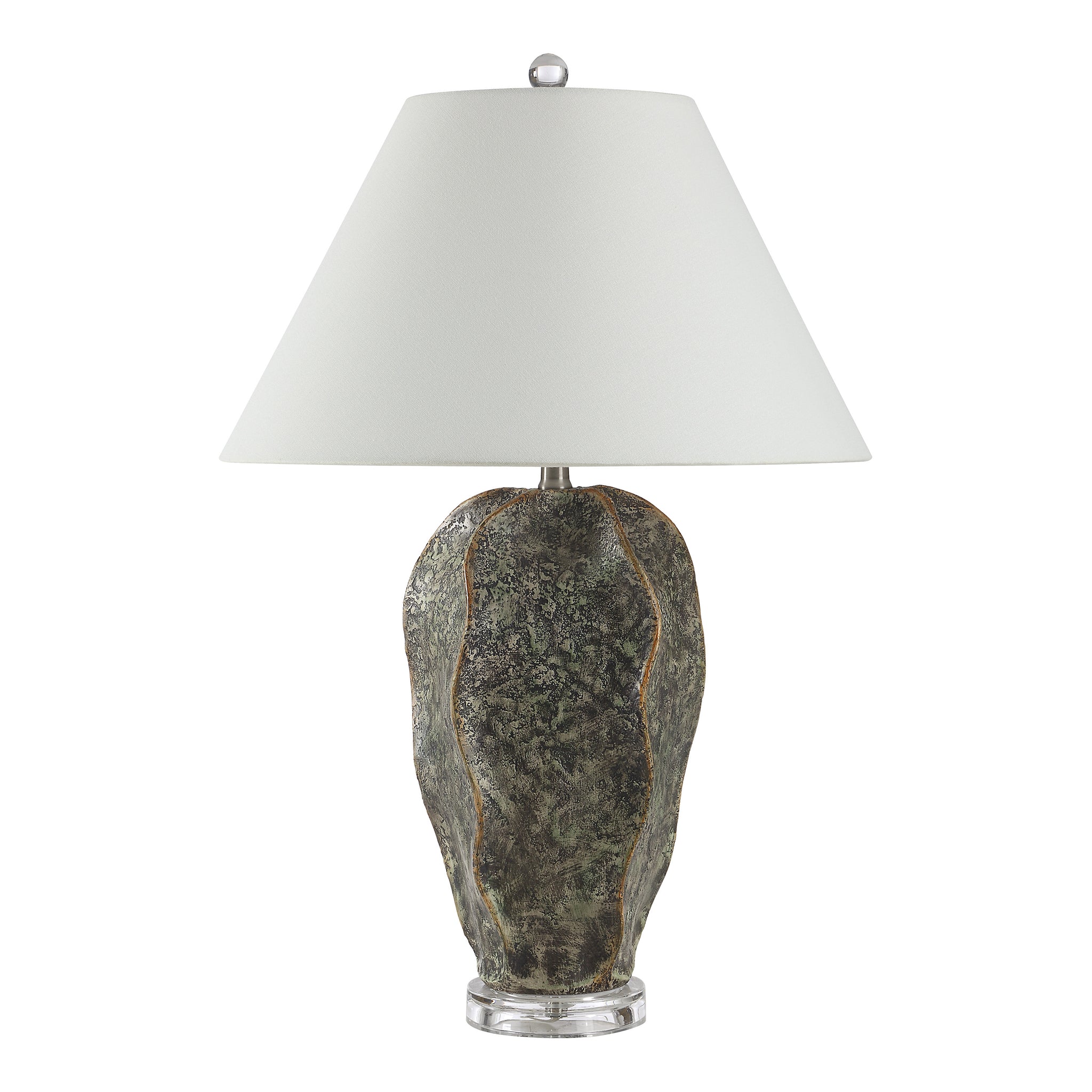 Poppi table lamp featuring a unique green ceramic base and white conical shade