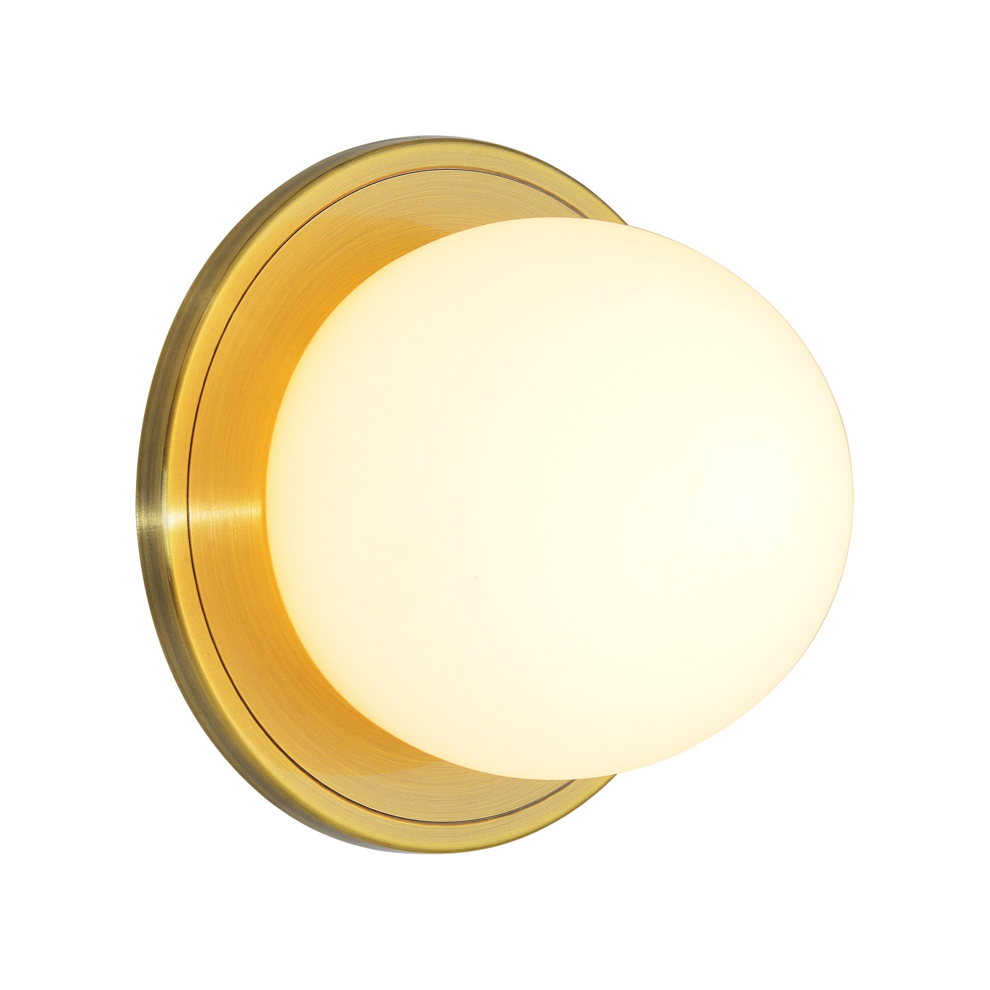 Hugo Wall Sconce featuring an illuminated frosted glass globe and brass base