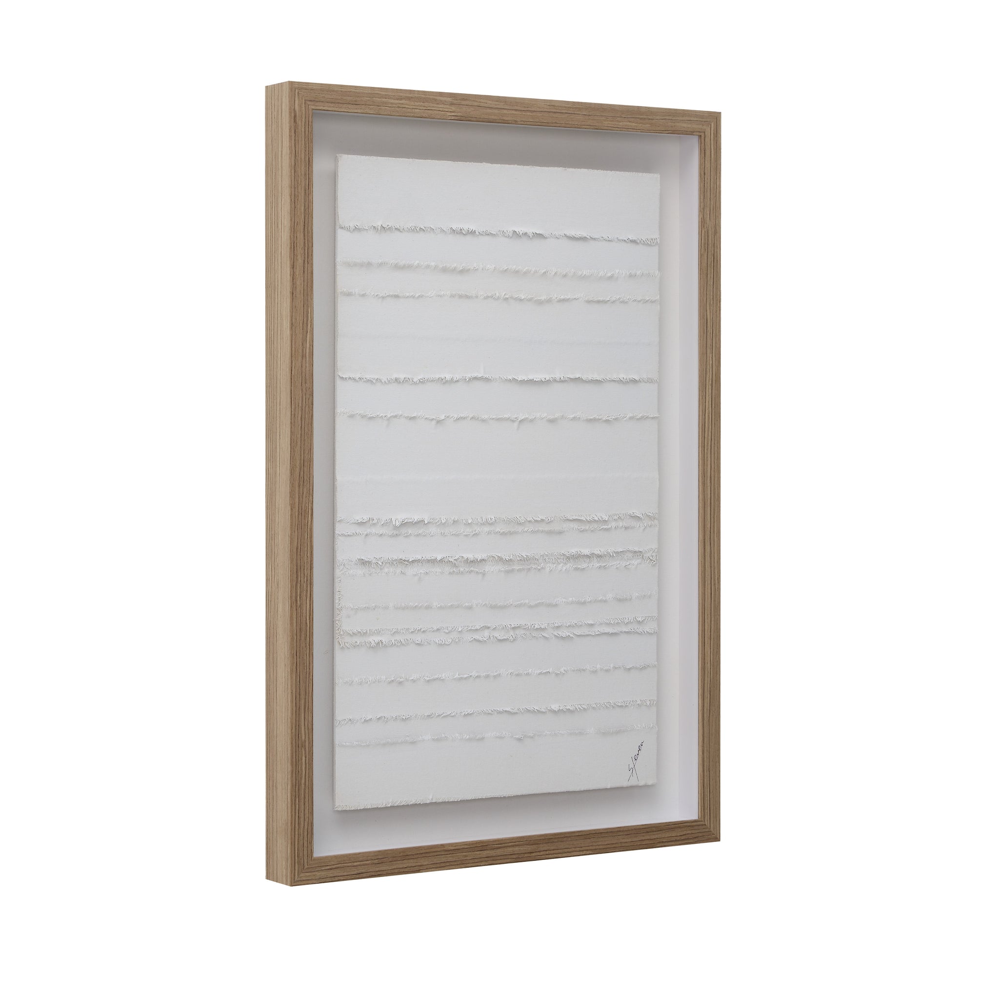 Trax wall art featuring textured white canvas with horizontal lines, framed in light wood.