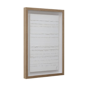 Trax wall art featuring textured white canvas with horizontal lines, framed in light wood.