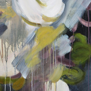 Close-up of Gables canvas art, showcasing abstract floral details with paint drips.