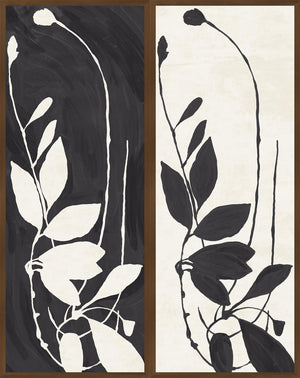 Two abstract art pieces with black and white plant-like shapes on dark and light backgrounds.