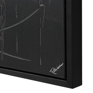 Close-up of Haiku Canvas Art by Renwil, highlighting textured black surface and signature