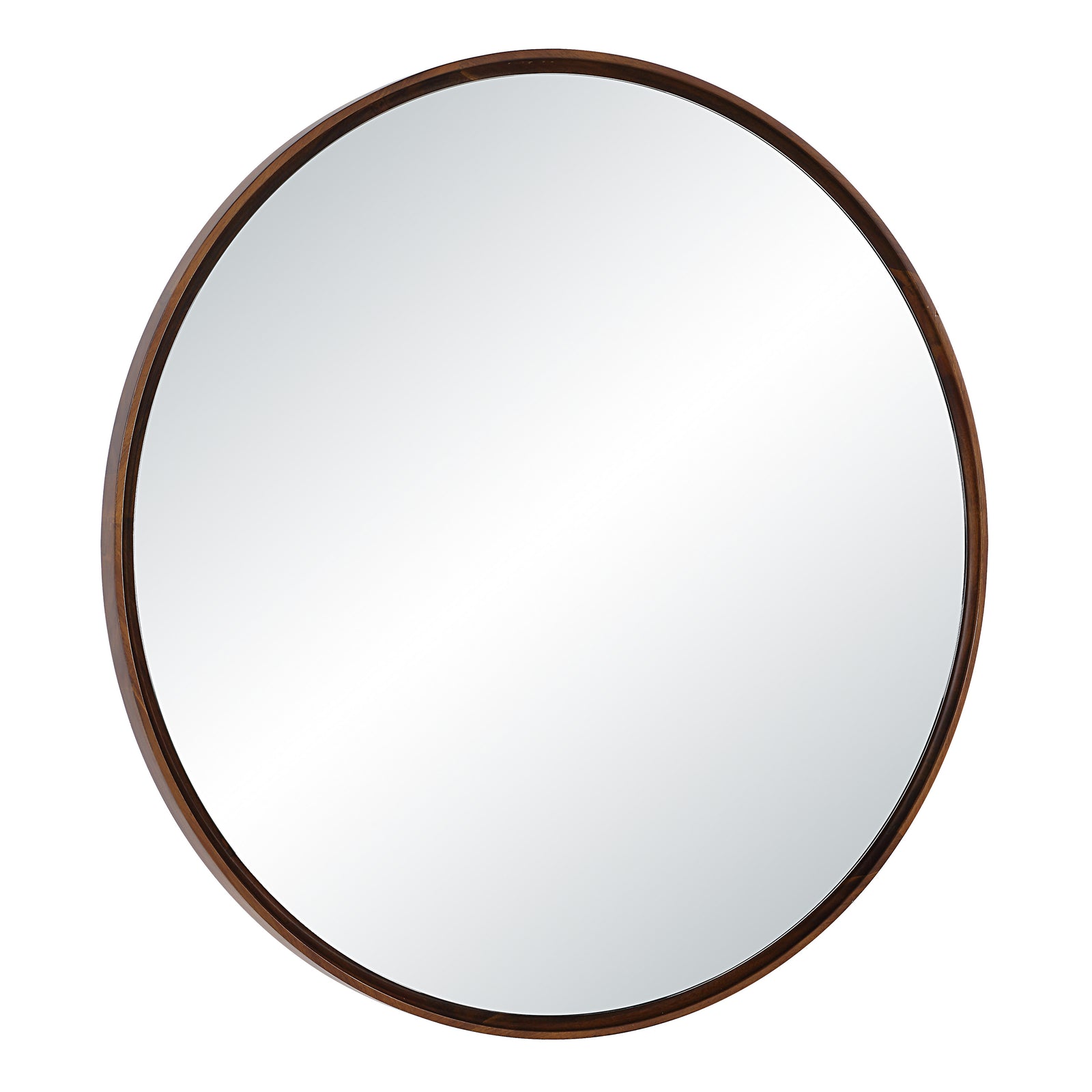 Cabiria mirror with a round shape and a dark wood frame, reflecting light.