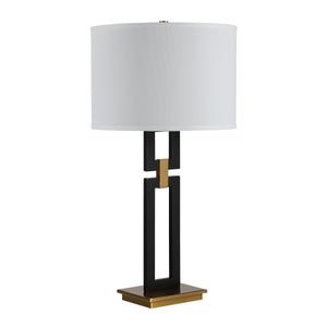 Lila Table Lamp featuring a white shade, black frame, and gold detailing.