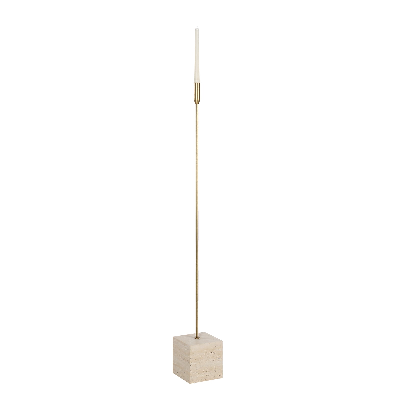 Chambers candle holder set with two tall brass candle holders on beige stone bases