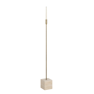 Chambers single candle holder featuring a brass stem and beige stone base