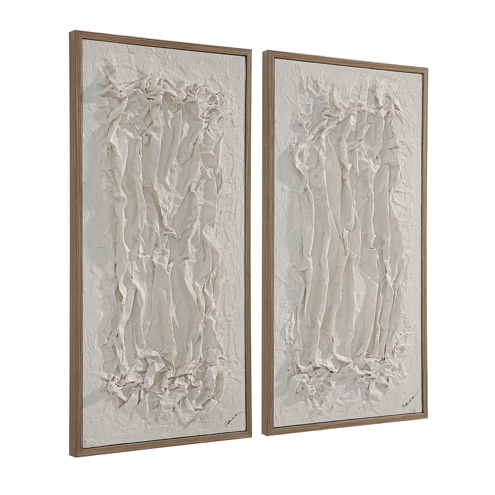 Volterra Wall Art by Renwil, two-panel white textured wall art with a natural wood frame.