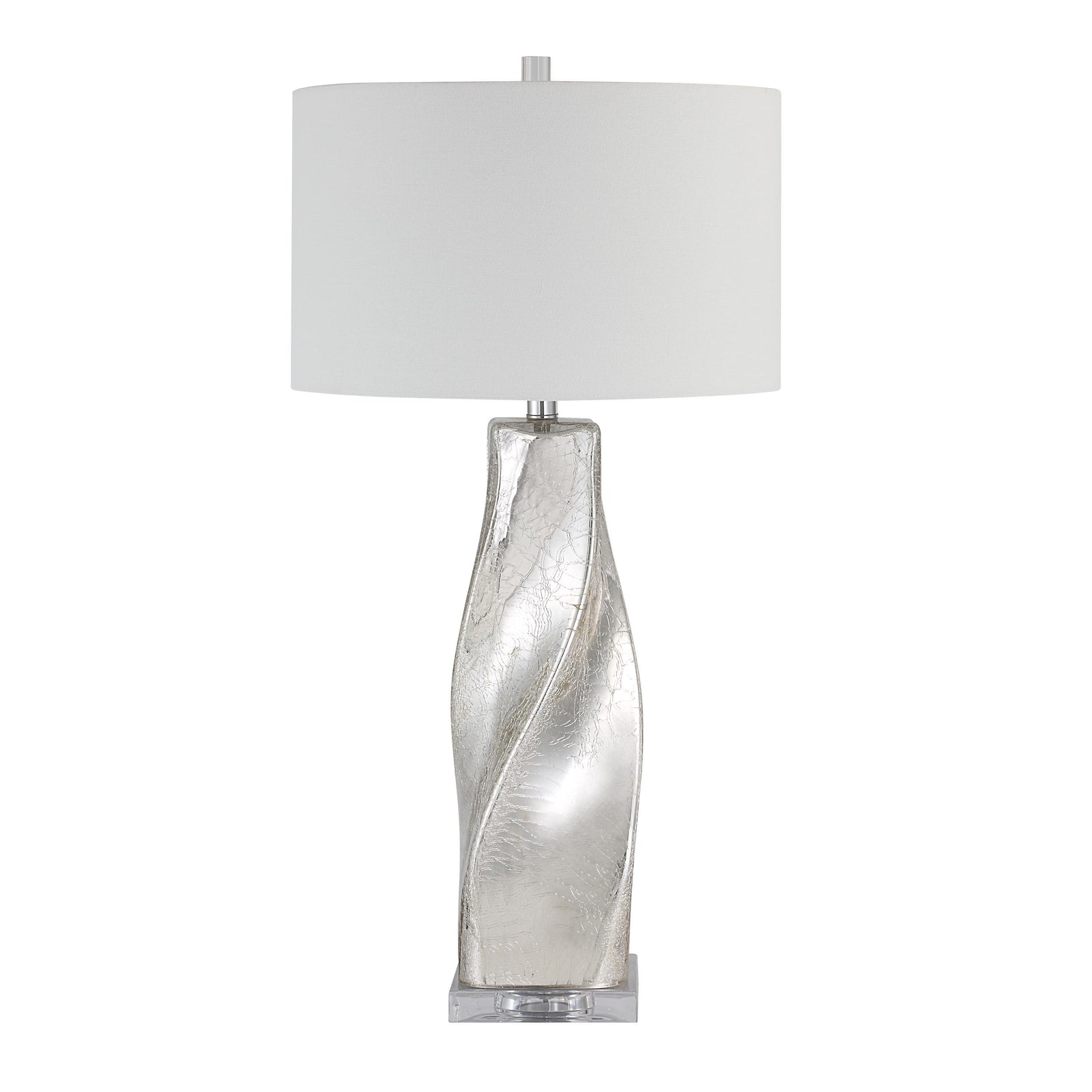 Lyons table lamp with a silver twisted base and white drum shade