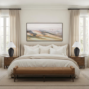 Cresta canvas art by Renwil featuring soft earth tones and abstract landscape design above a bed.