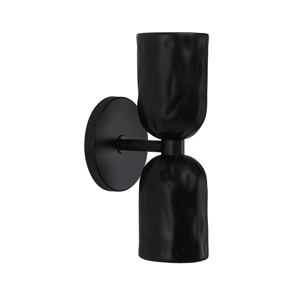 Alessia wall sconce in black with a textured, sculptural design and round backplate.