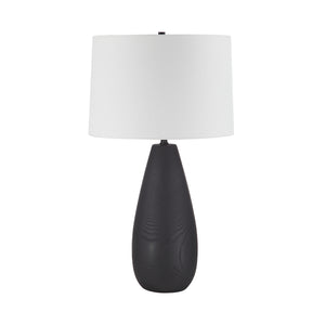 Tala Table Lamp with a black teardrop base and a white textured shade