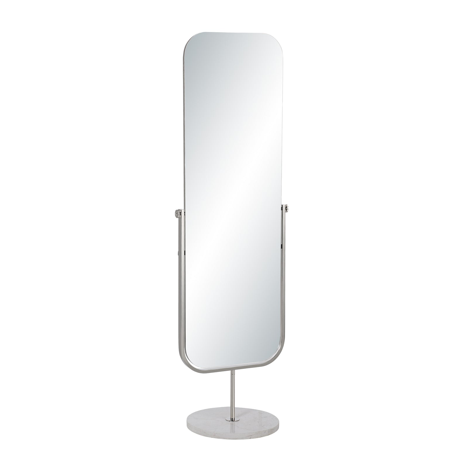 Mandra mirror by Renwil, tall standing design with rounded top, silver frame, and marble base.